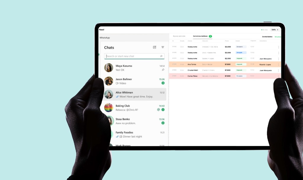 YAAP en tablet: WhatsApp y tabla de servicios activos