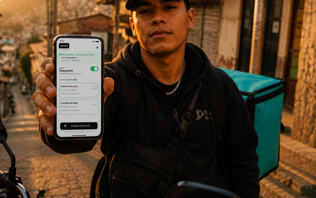 Domiciliario usando la app YAAP en su teléfono